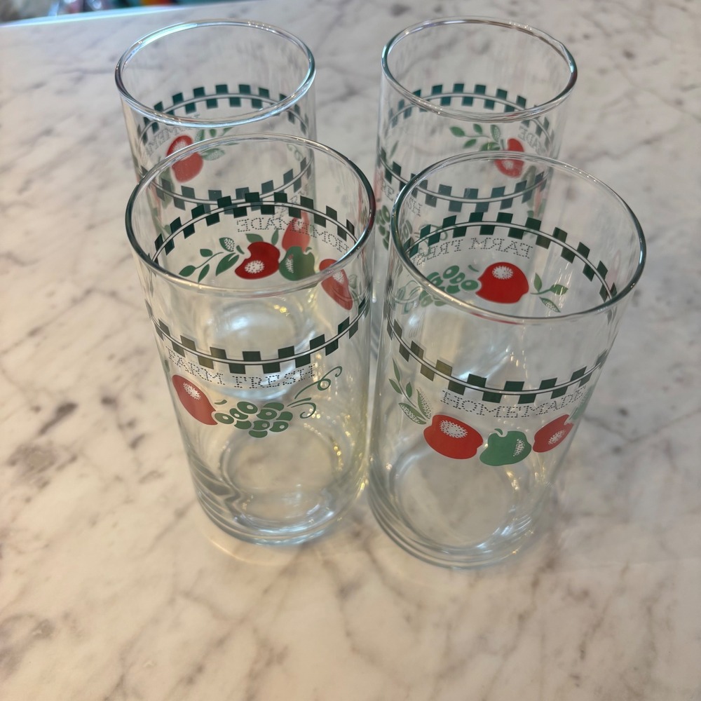 Corelle Farm Fresh Homemade Juice Glasses Vintage Fruit Apple Grapes Set of 4